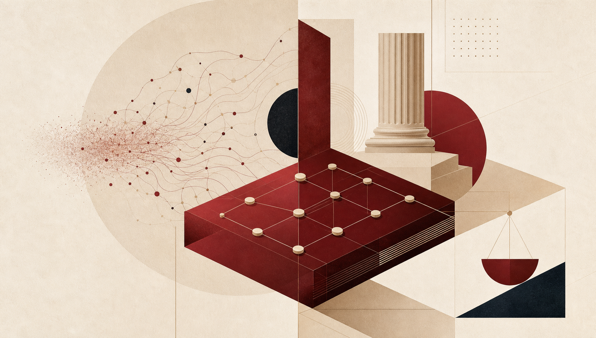 Abstract illustration of AI governance infrastructure: a control grid, neural pathways, a classical column and scales of justice in warm oxblood and cream tones